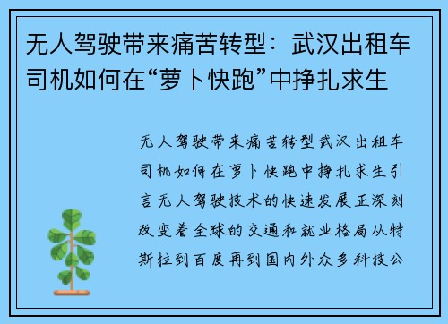 无人驾驶带来痛苦转型：武汉出租车司机如何在“萝卜快跑”中挣扎求生