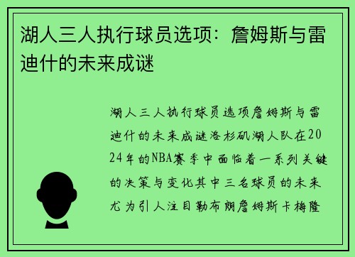 湖人三人执行球员选项：詹姆斯与雷迪什的未来成谜