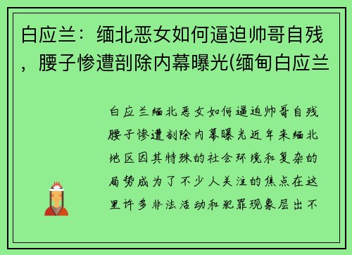 白应兰：缅北恶女如何逼迫帅哥自残，腰子惨遭剖除内幕曝光(缅甸白应兰)